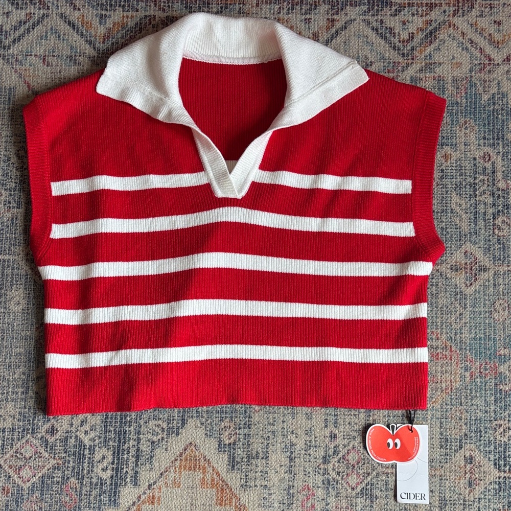 Cider Red & White Striped Knit Polo Vest